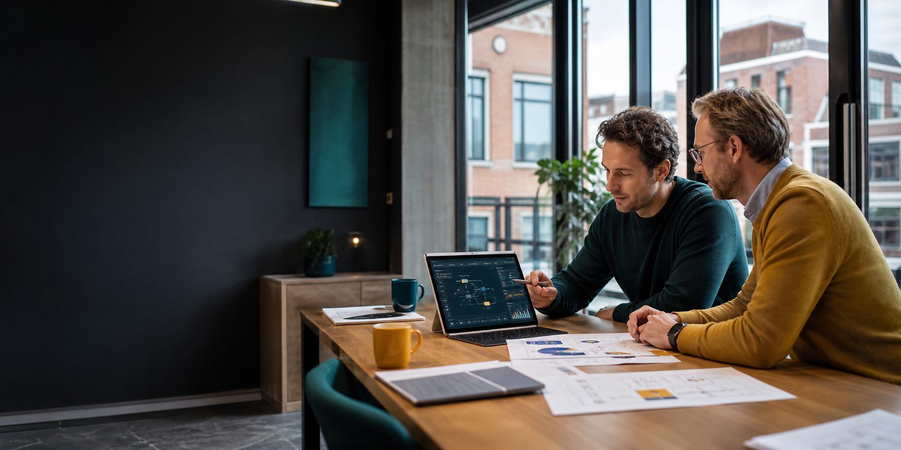 MKB-ondernemer en AI-consultant bekijken bedrijfsprocessen op een laptop